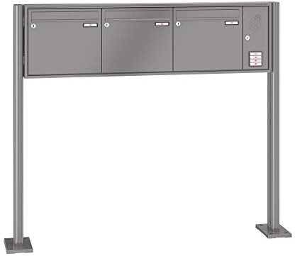 RENZ/Quadra / 3er Freistehende Briefkastenanlage Standbriefkasten mit Sprechfeld/RAL-Farbe 9007 Volumen 12 L/mit Fußplatten/Dein-Briefkasten.de