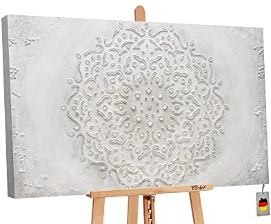 YS-Art Abstrakt Acryl Gemälde auf Leinwand Friedlich handgemalt Wandbilder Wohnzimmer modern Wohndekor Design Bild grau weiß harmonisch echte Kunst 120x80 cm