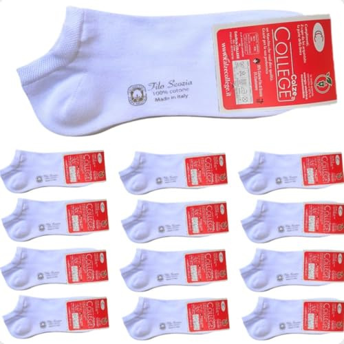 Infinity - 12 Paia Calze Fantasmini Uomo Donna, Calze Filo di Scozia Uomo Corte in Puro Cotone Elasticizzato, Calzini Donna Estivi, Calzini Invisibili Corti 100% Made in Italy (Bianco, 39-42)