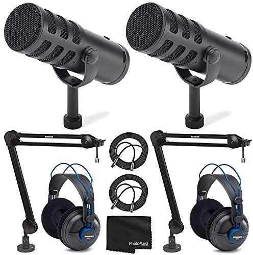 SAMSON Q9U XLR/USB Dynamic Broadcast Microphone x2 + Professional Studio Reference Headphones x2+ Mic Boom Arm x2 + Mic Cable x2 + Cloth - Top Value Bundle