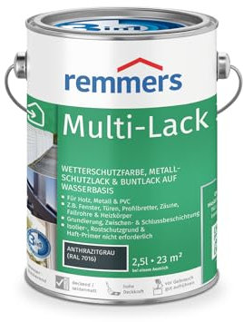 Remmers Multi-Lack 3in1 anthrazitgrau (RAL 7016), 2,5 Liter, Wetterschutzfarbe, Metallschutzlack & Buntlack auf Wasserbasis für Holz, Metall & PVC