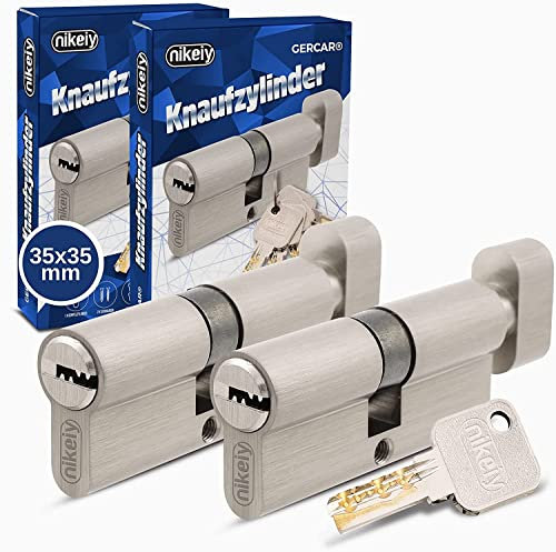 GERCAR Pro Knob Cylinder 35/35 Solid Locking Cylinder Simultaneous Locking with Knob - Set of 2 Cylinder Lock Made of Matt Nickel-Plated Brass - Includes 10x Reversible Keys - Length: 70 mm, A:35