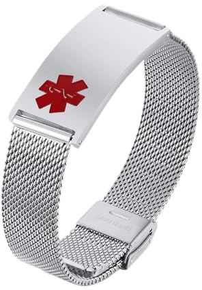 Bracciale di Emergenza Bracciale Personalizzato per Donne Mediche:VNOX Braccialetti ID Personalizzati con Incisione Bracciale Medico Regolabile in Acciaio Inossidabile da Uomo,Argento Rosso