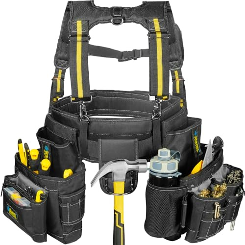 Werkzeuggürtel mit Hosenträgern – Ultra-Werkzeuggürtel 1200D ballistisches Nylon, vergrößerte Handytasche, Werkzeugtaschen für Herren, Bauarbeiter, Tischler, Elektriker