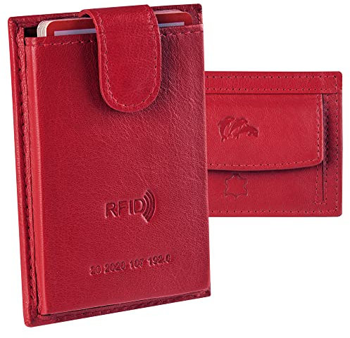 Dolphin® Kartenetui “Push&Pull” - Patentiertes Kreditkartenetui mit Münzfach - Premium Card Holder mit RFID Schutz - 100% Nappa Echtleder Slim Wallet für bis zu 10 Karten (Rot)