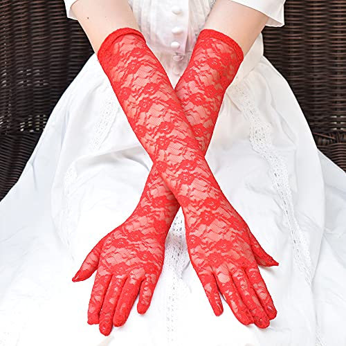 Fingerlose Handschuhe für Damen,Spitzen Blumen Elegant Sonnenschutz Spitzenhandschuhe Atmungsaktiv Ellenbogen Lange Opera Fest Party Hochzeit Braut Handschuhe Karneval, Tanzen Abendhandschuhe,Rot