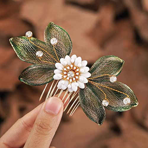 Ushiny Blumen-Hochzeits-Haarkamm, goldfarben, Haarschmuck, Strass, Braut-Haarteil, Abschlussball, Blatt, Seitenkamm für Frauen und Mädchen