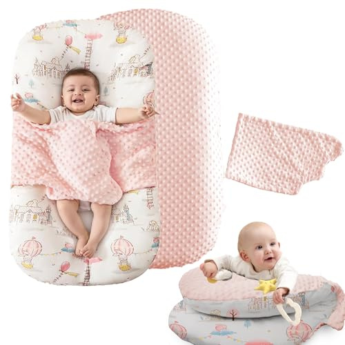 Baby Lounger Pillow for Newborn – Large Infant Lounger 0-24 Months | Anti-Startle Removable Wings, Breathable Mesh Core | 2-Sided Cotton & Minky Cover | Tummy Time Mat, Portable Baby Nest (Pink)