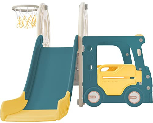 BTM Children's Slide. 4-in-1 Kids Slide Set Including Bus, Slide, Activity Ladder, Basketball Hoop and Matching Basketball. Made of High Sensity Polyethylene.
