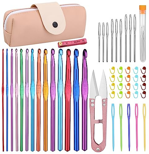 Kits de Crochet, Crochet Tricot 52 pièces, ensemble complet de crochets avec crochets en aluminium de 14 tailles, marqueurs de point, aiguilles à grand chas et étui