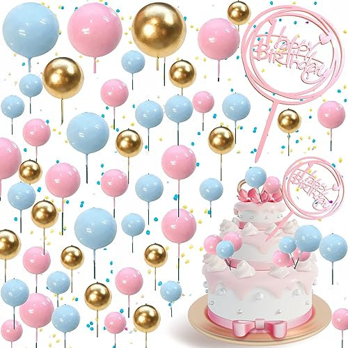50 Pezzi Mini Palloncini in Schiuma per Torte, Con Cake Topper Rosa, Schiuma per Topper per Cupcake, Decorazione Torta a Sfera, Adatto per la Decorazione di Nozze di Compleanno (Blu/Rosa/Oro)
