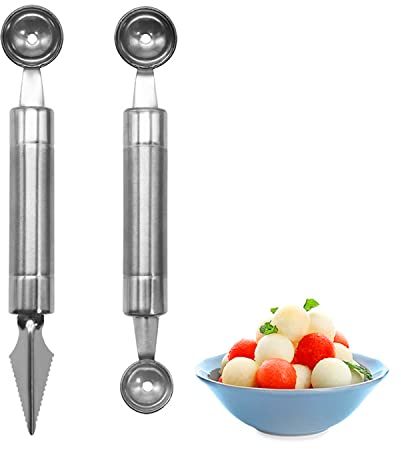 2pcs Dual Side Melon Baller, Stainless Steel Multifunctional Melon Scoop Carving Tool for Watermelon DIY Fruit Salads