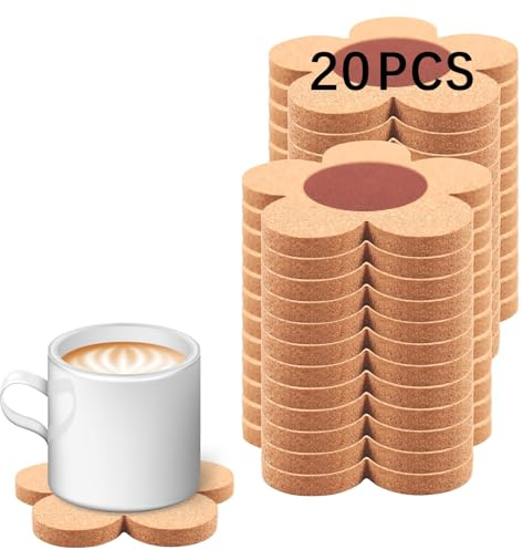 20 PCS Flower Cork Coaster for Drinks, Absorbent and Reusable Non-Slip Heat Resistant Coffee Coasters, 100% Natural Cork 4 inch Flower Shape Farmhouse Rustic Wood Drink Coasters