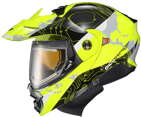 ScorpionEXO AT960 Cold Weather Adventure Snowmobile Modular Helmet Electric Shield with Breath Box and Bluetooth Ready Speaker Pockets Topographic (Hi-Vis - Large)