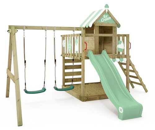 WICKEY Spielturm Klettergerüst Smart Candy mit Schaukel & Rutsche, Baumhaus mit Sandkasten, Kletterleiter & Spiel-Zubehör – pastellgrün