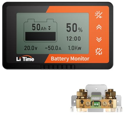 LiTime 500A Batteriewächter mit LCD-Display und Shunt, 8V-120V Batteriemonitor für Wohnmobil Golfwagen Solar Batterie mit Buzzer Alarm, Kapazität Prozentsatz Zeit Leistung Voltmeter Anzeige