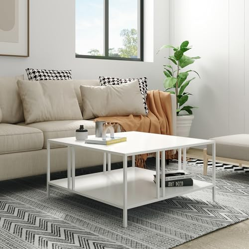 [en.casa] Couchtisch Kumlinge Beistelltisch 40 x 80 x 80 cm mit Ablage Wohnzimmertisch quadratisch Sofatisch Metall Kaffeetisch Weiß