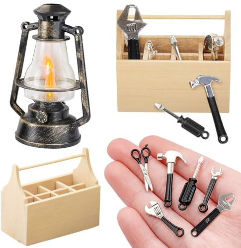 Wichtel Zubehör Baustelle, 1/12 Miniatur Werkzeugkasten Holz, Wichtel Werkzeug Set, Öllampe, Wichtelzubehör, Wichteltür Set Weihnachten Weihnachtswichtel