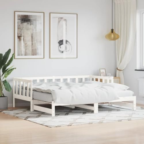 IKAYAA Schlafsofa Ausziehbar, Ausziehbett, Bett Ausziehbar, Ausziehbares Bett, Bett Zum Ausziehen, Tagesbett Ausziehbar Weiß 80x200 cm Massivholz Kiefer #02