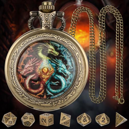 ORUZA Mini DND Würfel Set, 7 Stück Polyedrische D&D Würfel mit Drache Metall Taschenuhrgehäuse Dungeons and Dragons RPG MTG Rollenspiele Tischspiele Würfel