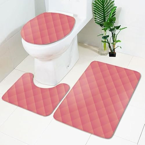 Bad Teppiche Set Geometrisch Rosa Badezimmerteppich Waschbar WC Vorleger mit Ausschnitt und WC Deckelbezug 3 Teilig Badematte rutschfest Toilettensitzbezug Badgarnitur 45x75 cm
