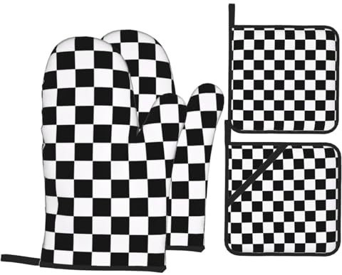 Set di 4 guanti da forno e presine a quadri bianchi e neri, isolanti, antiscivolo, guanti da forno per cucinare, cuocere al forno, grigliare