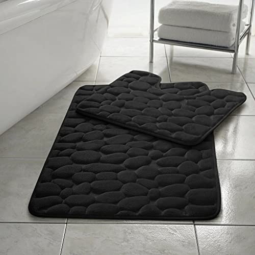 EXQUIZIT HOME® Luxury Memory Foam Bath Mat Set 2 Piece – Non Slip Pebble Bathroom Rug & Pedestal Mat, Quick Dry Ultra Absorbent Soft Cushioned Mats 100% Polyester (Black)