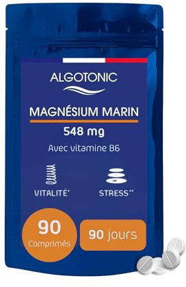 Algotonic - Magnésium Marin + Vitamine B6-546 mg/comprimés - 90 Comprimés - Cure 90 jours - 100% naturel - Vitalité - Renforce le Système nerveux - Stress - Réduit la Fatigue