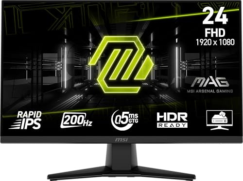 MSI MAG 242F 24-inch 1920 x 1080 (FHD) Gaming Monitor, 200Hz, Adaptive-Synch, HDMI, DisplayPort, VESA Mountable, Tilt, Height Adjustable, Speaker, 0.5ms, Black