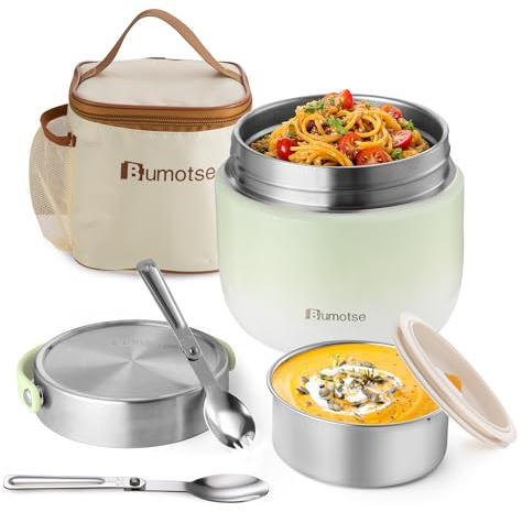 Bumotse 40oz Insulated Food Jar with 2 Compartments, Leak-Proof Thermo for Hot Food Wide Mouth Stainless Steel Includes Spoon and Fork Soup Thermo Lunch Containers Bento Box for Adults（Green