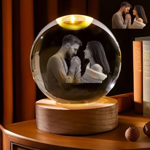 SHENGBEIDZ Personalized 3D Crystal Photo Ball，Custom Glass Etched & Engraved For Dad, Mom, Women(Warm Light,6cm)