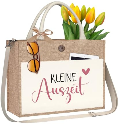 ZJKUBOIS Kleine Auszeit Geschenk Jutetasche, Handtasche/Umhängetasche aus Jute, Wellness Geschenke für Frauen Freundin Kollegin
