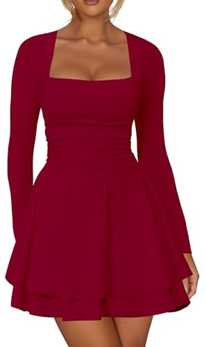 Kaximil Women's Square Neck Ruffle Hem Mini Dress Ruched Waist Long Sleeve Corset Short Party Dresses, X-Large, Wine Red