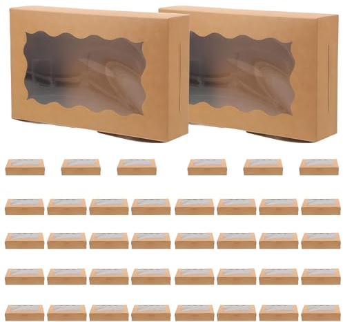 WIYETY 40 Stück Kraftpapier Gebäckkarton mit Sichtfenster: Rechteckig Geschenkbox, Faltbar Keksschachtel, Kreativ Kuchenboxen Gebäckkarton, für Süßigkeiten Verpackung Hochzeit (7x4.3x1.5 Zoll/Braun)