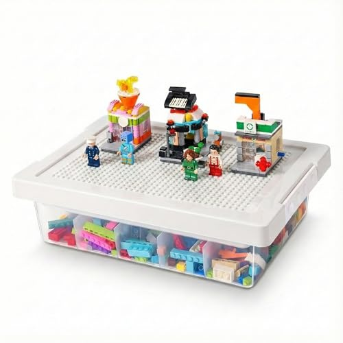 Toy Storage Organizer Box for Lego Bricks with Compatible Building Plate Lid, 3-Layer Removable Sorting Trays, Stackable Plastic Storage Bin, Building Block Organization (1pc-white)