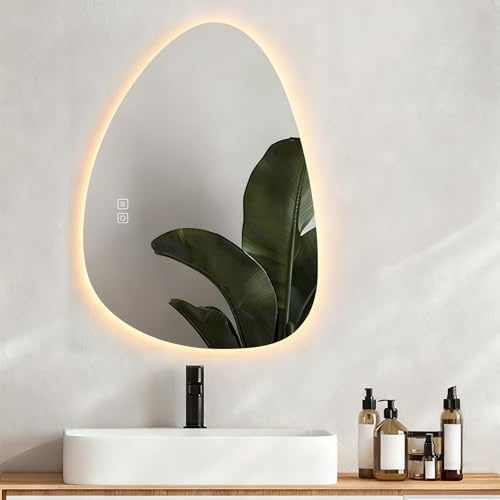 SANYCASA Intelligenter Badezimmerspiegel mit LED-Beleuchtung, Anti-Beschlag, dimmbar, 3 Farbtemperaturen, asymmetrisch, berührungsempfindlich, bohrfrei 80x55 cm