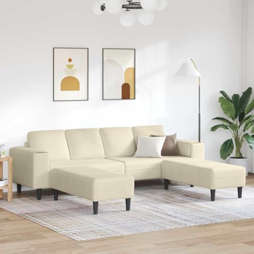 HETFTJN 4-Sitzer U-Sofa Creme 250x188x76 cm Cordstoff Holzbeine Modernes Wohnzimmer-Schlafsofa mit viel Platz für Living Room Küche Balkon