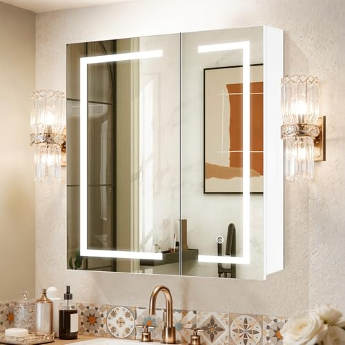 KAASUNES LED Medicine Cabinet with Light,Mirror Cabinet with Cosmetics Storage Rack,3X Magnifier Makeup Mirror,Lighting Glass Shelf,3 Colors&Dimmer,30×32inch,White