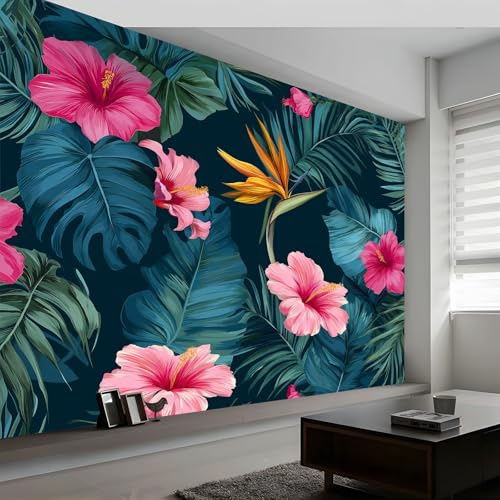 350 x 256 cm Papier peint panoramique – Affiche murale Feuillage Et Fleurs Des Paysages Tropicaux, papier peint intissé Vert personnalisé 3D, décoration murale pour salon et chambre d'enfant