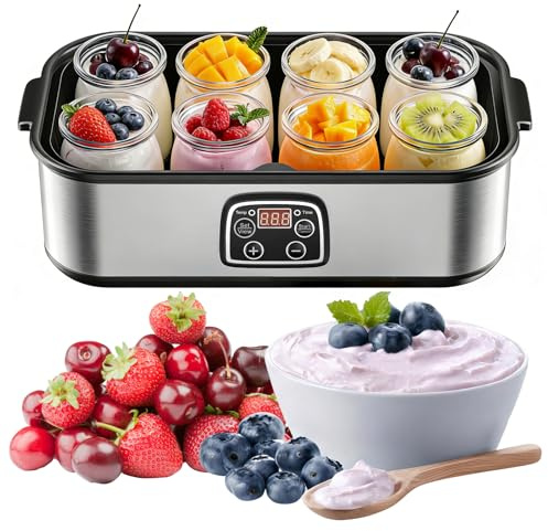 Máquina para hacer yogur con 8 tarros de vidrio, máquina eléctrica de yogur de 1400 ml, pantalla LED, temporizador ajustable y temperatura precisa para hacer yogur orgánico, natto, postres caseros