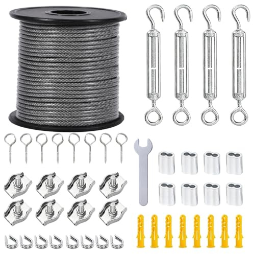 30 m Edelstahlseil 2 mm Ummantelt, M5 Spannsystem mit Ösenhaken, Wetterfestes Drahtseil für Pflanzenranken, Dekoration, Lichterkette, Wäscheleine, Gardinenseil (30m*2mm)
