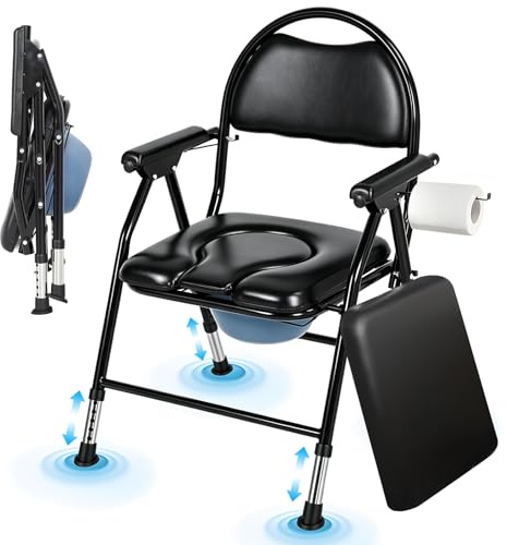 Folding Commode Chair for Elderly, 3 in 1 Bedside Toilet Chair with Padded Seat & Ergonomic Gourd-Shaped Seat, Adjustable Height Portable Shower Chair, Heavy Duty Carbon Steel Frame (300kg)