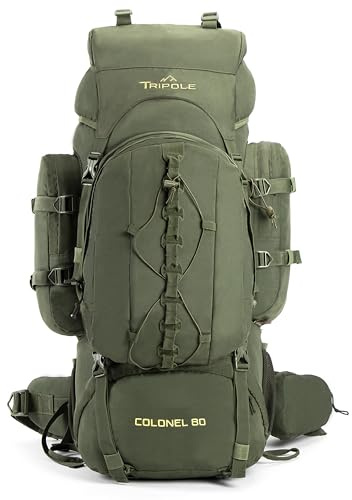 Tripole Colonel Sac à Dos 80L Voyage & Randonnée avec Sac de Jour Amovible 12L – Pour Femmes et Hommes, Sac à Dos Étanche avec Cadre Interne et Housse de Pluie, Camping & Trekking – Vert Militaire