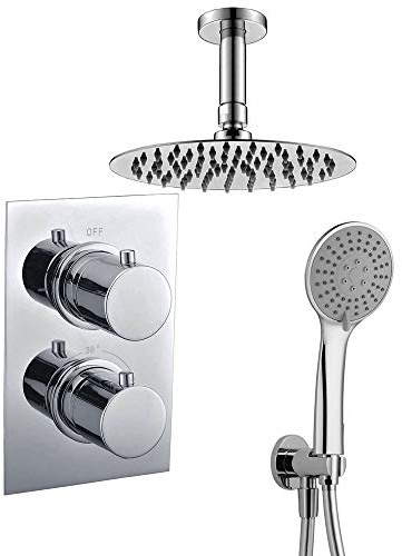 Kibath 476351 Grifo termostático empotrar PO Salida Techo. Incluye Soporte con Toma Agua, Flexo PVC Plateado, Brazo rociador extraplano. Ducha empotrable con Acabado Redondeada en Cromo Brillo