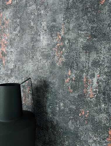 Newroom Vliestapete Grau Betonoptik Tapete Industrial Loft Wohnzimmer | raue Betonstruktur, verwitterter Sichtbeton, kupferfarbene Akzente, changierender Metallglanz, Used-Look, Wandtapete Büro