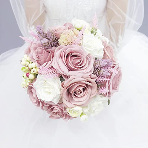 Abbie Home Brautstrauß, 22,9 cm, Altrosa-weiße Rosen, fühlt Sich echt an, Hochzeitsblume mit Vintage-Sackleinen Griff und Sukkulenten Beeren Dekor (Bouquet)