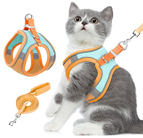 Eyein Cat Harness and Lead Set for Walking, Escape Proof Vest Harness | Soft Reflective Mesh, Dual Rings, Quick Release Buckle, for Small Cats, Kittens, Outdoor and Garden Walks(Green & Orange, L)