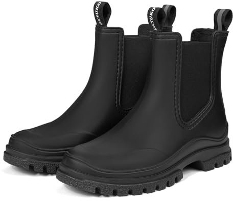 DKSUKO Chelsea Rain Boots for Women - Waterproof Ankle Boots, Elastic Slip-On Short Boots with Removable Insole (9 B(M) US, Black)