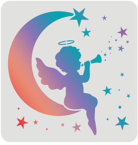 FINGERINSPIRE Angel Moon Stars Zeichenschablonen Schablonen 30 x 30 cm Kunststoff Engel Schablonen Dekoration Quadratische Mondschablonen zum Malen auf Holz, Boden, Wand und Stoff
