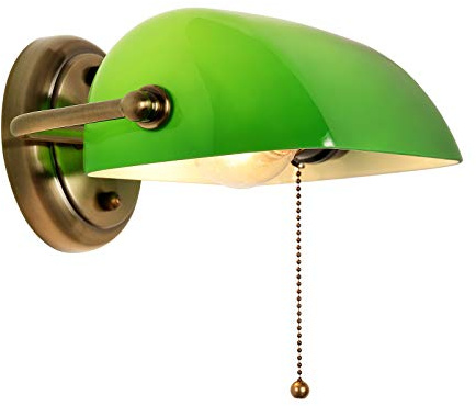 FIRVRE Banquero Lámpara de Pared Verde Tradicional Europeo Clásico con Pantalla Retro Ajustable e Interruptor Apliques de Cadena Para Dormitorio Pasillo Biblioteca Sala De Estudio